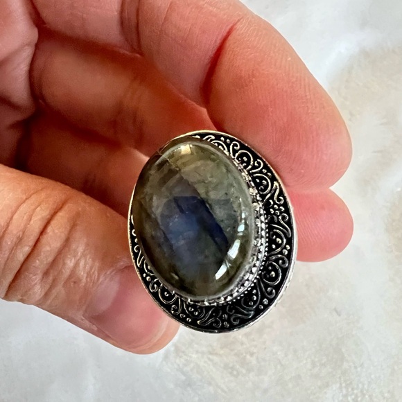 925 OMG INSANE! Blue Flash Labradorite Ornate High Profile Ring 7 - Picture 6 of 12